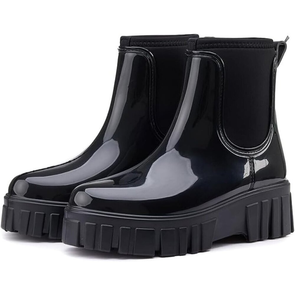 Women's Black Ankle Boots Waterproof Platform Rubber Chelsea Comfortable Shoes